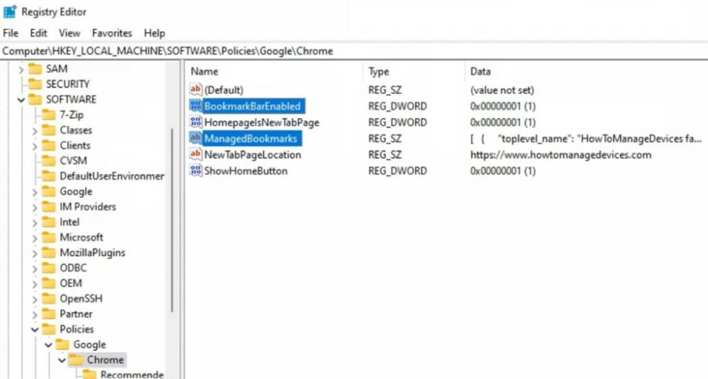 Registry - Configure Google Chrome Bookmarks using Intune