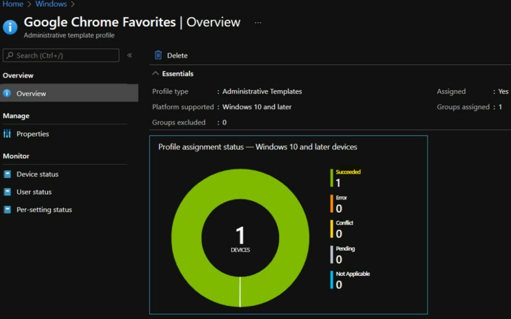 Google Chrome Fav Options 1 Profile Assignment Status - Configure Google Chrome Bookmarks using Intune