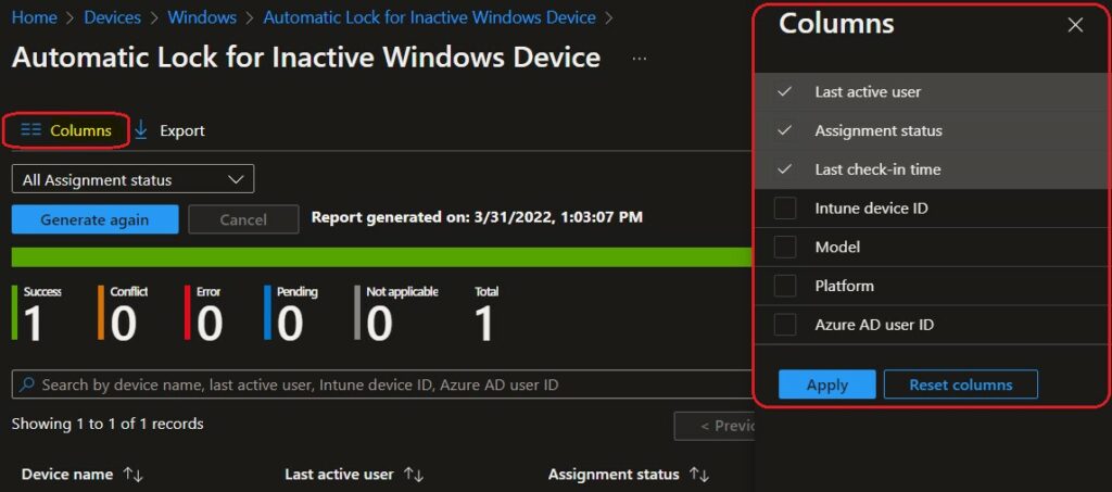 Add Columns - Intune Report for Configuration Profiles