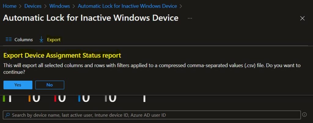 Click on Export - Export Intune Policy Device Assignment Status 