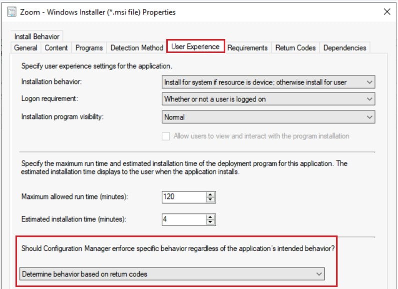 User Experience tab - SCCM Application User Experience Options | Deployment Type