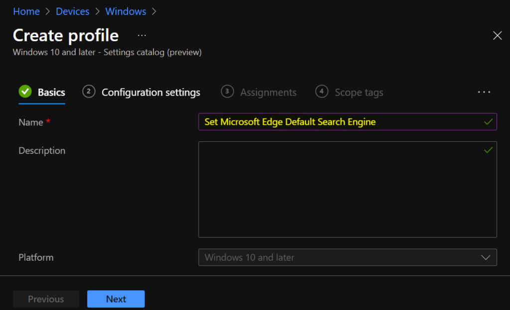 Create Profile – Set Microsoft Edge Default Search Engine