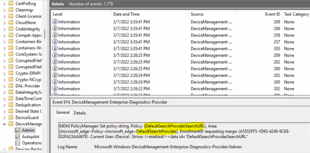 Event Logs - Set Microsoft Edge Default Search Engine using Intune