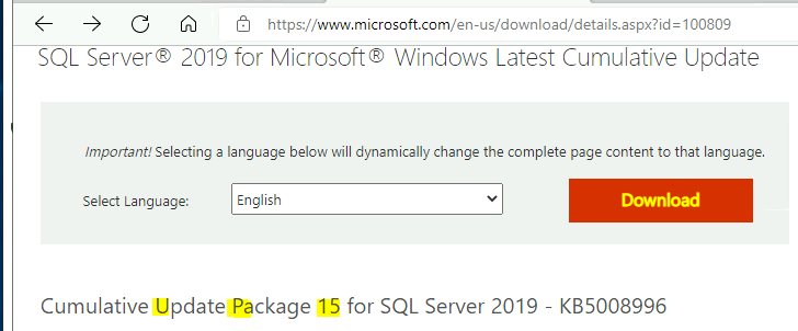 Download SQL Server 2019 and Cumulative Update