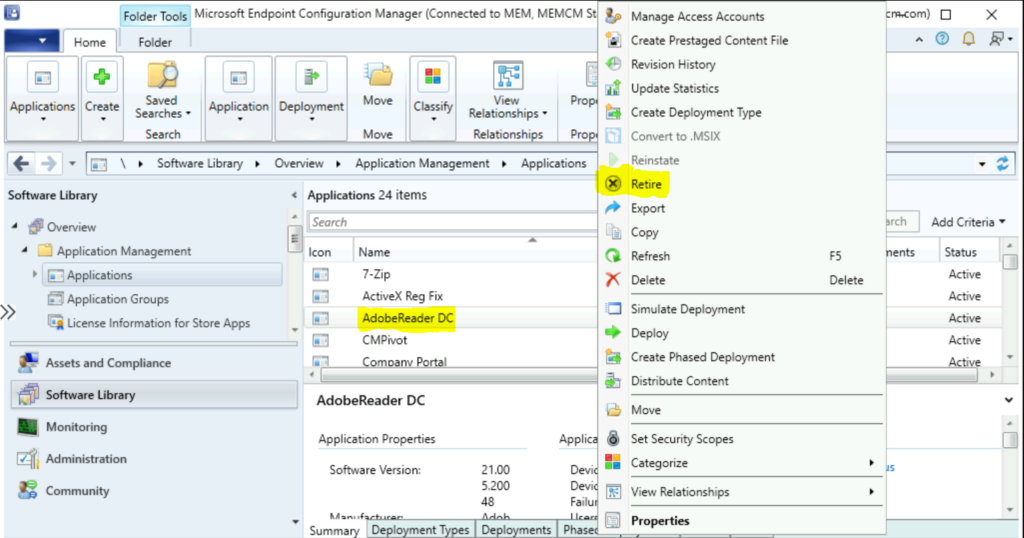 Select Retire - Retire Application in SCCM