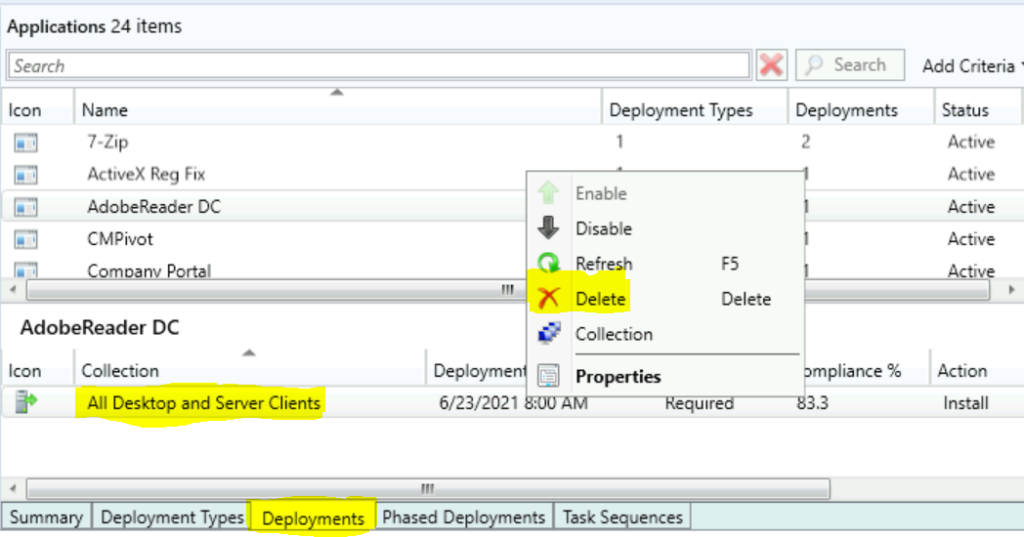 Deployments tab - Delete Deployment | Retire Application in SCCM