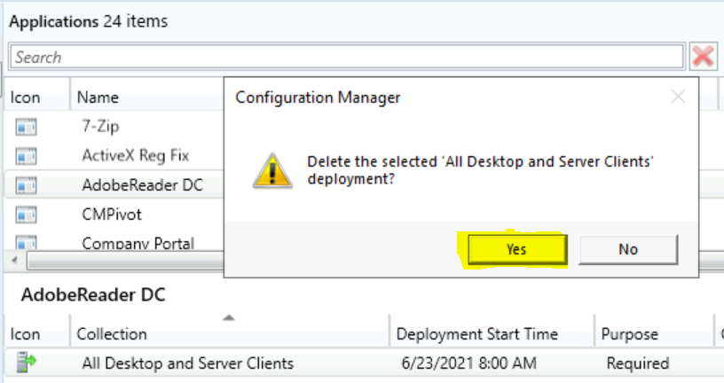 Click Yes to Delete selected deployment -  Retire Application in SCCM