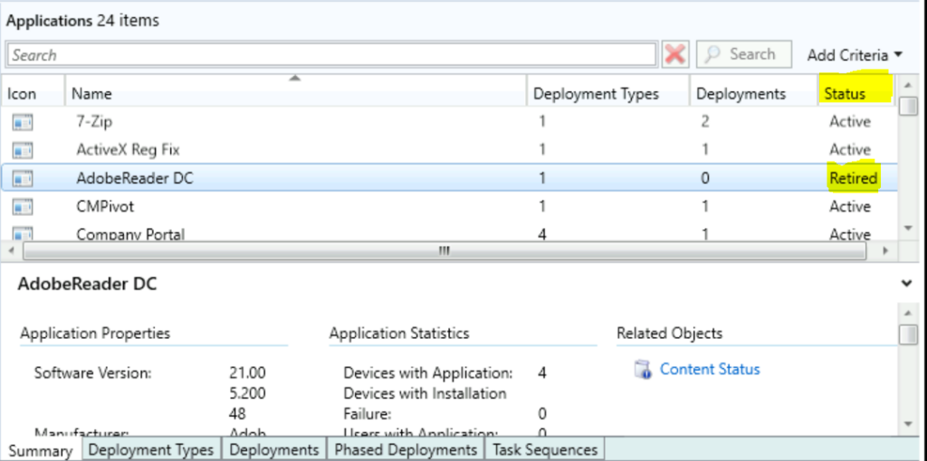 Application Status - Retired | Retire Application in SCCM