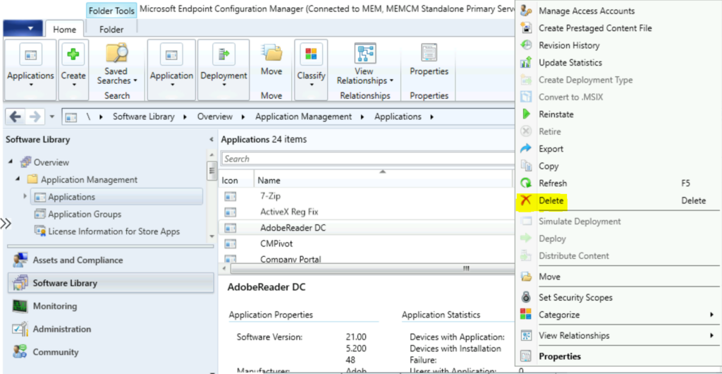 Right Click on Application, Select Delete - Delete Application in SCCM 