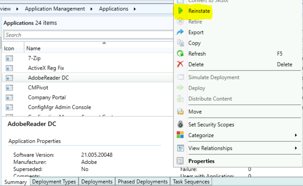 Click Reinstate - Reinstate SCCM Application