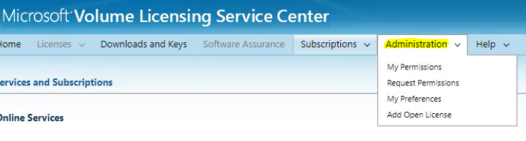 Services and Subscriptions - Online Services on VLSC Portal