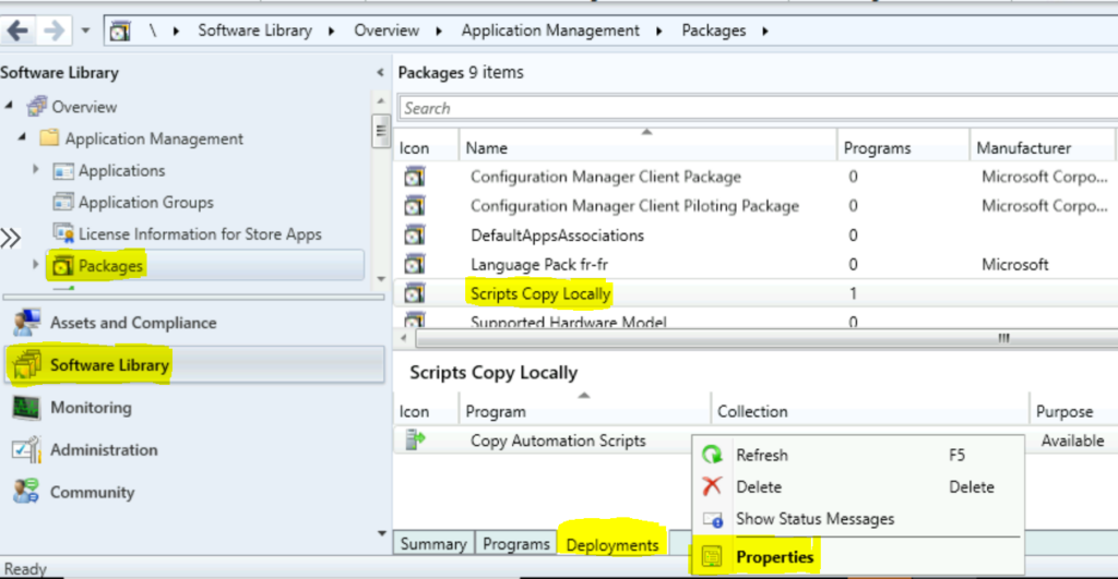 Select Package > Deployments tab > Properties | SCCM Package Deployment Options in Distribution Points Tab