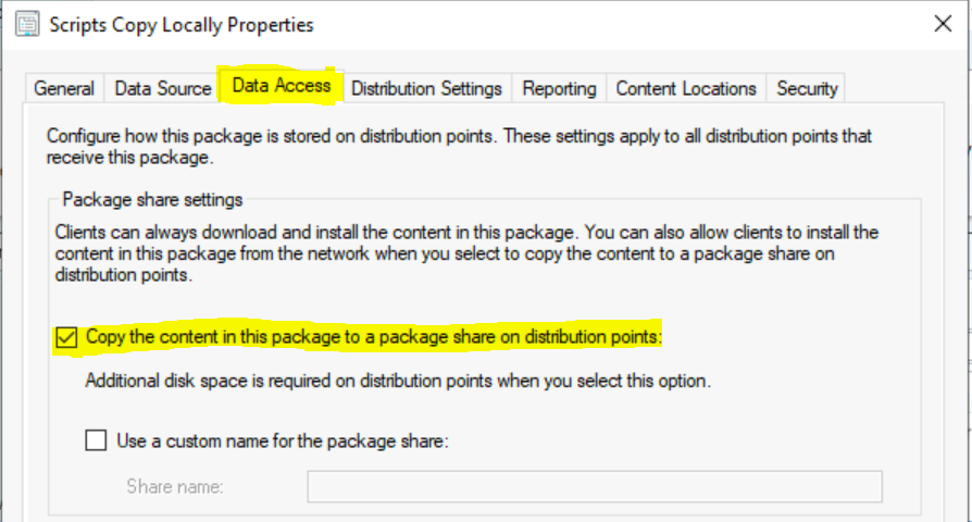 Data Acess tab - SCCM Package Deployment Options in Distribution Points Tab