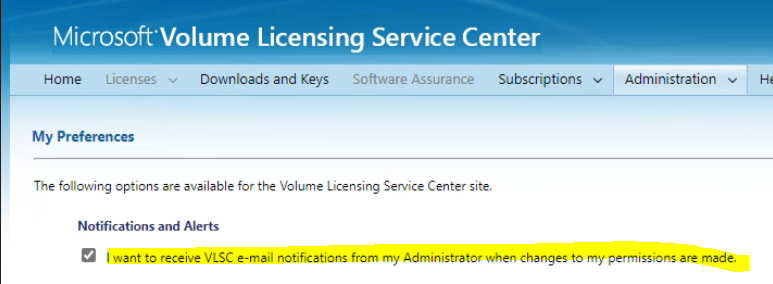 VLSC Notification Settings