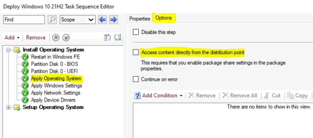 Options for Apply OS Image - Access content directly from the distribution point