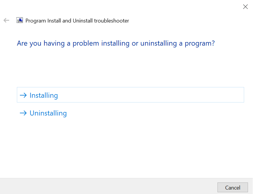 Select Uninstalling - Program Install Uninstall Troubleshooter | Fix Apps Problems