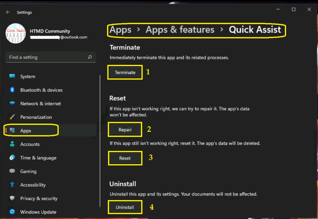 Troubleshoot Repair Reset to Fix Quick Assist Issues 