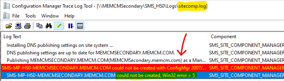 SiteComp.log file on Secondary Server Win32 error = 5