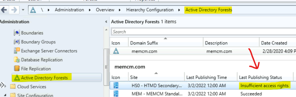 FIX: Insufficient Access Rights Issue with SCCM AD Forest Publishing | Win32 error = 5 SCCM Active Directory Forests