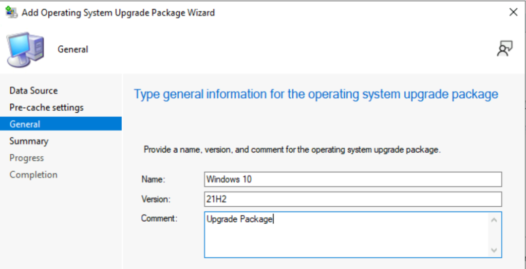 Specify General Information - Add Operating System Upgrade Packages