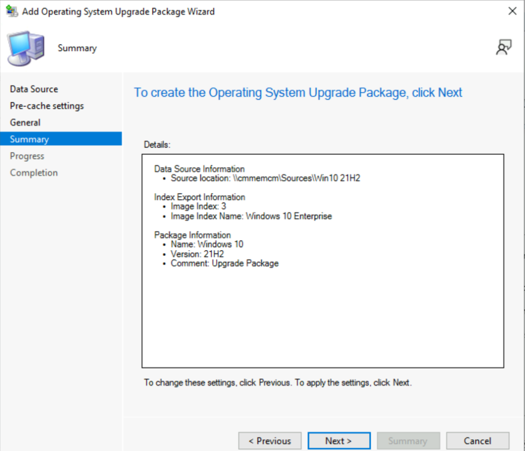 Summary - Add Operating System Upgrade Packages