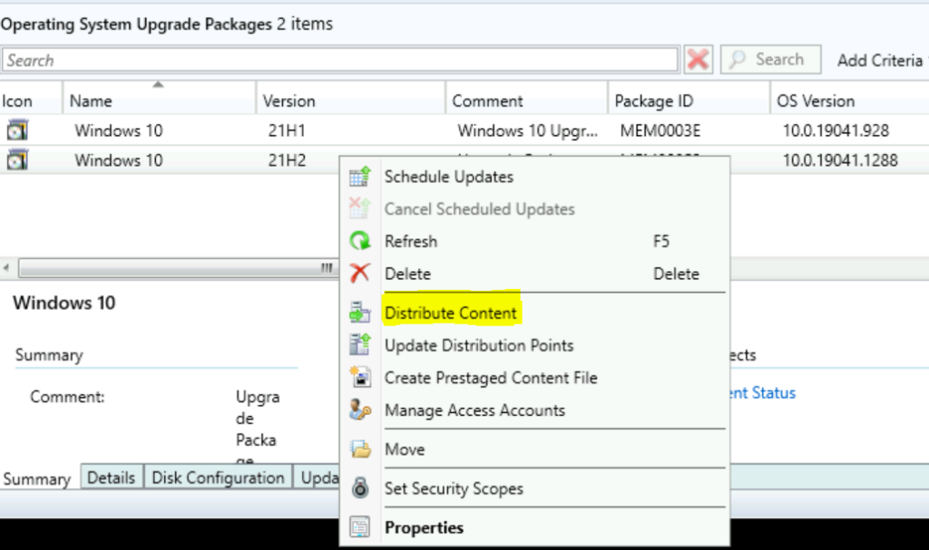 Select Distribute Content - Distribute Operating System Upgrade Packages