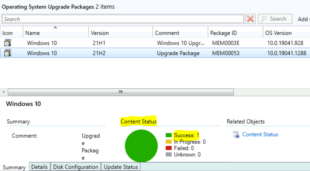 Distribution Content Status Sucess - Operating System Upgrade Packages