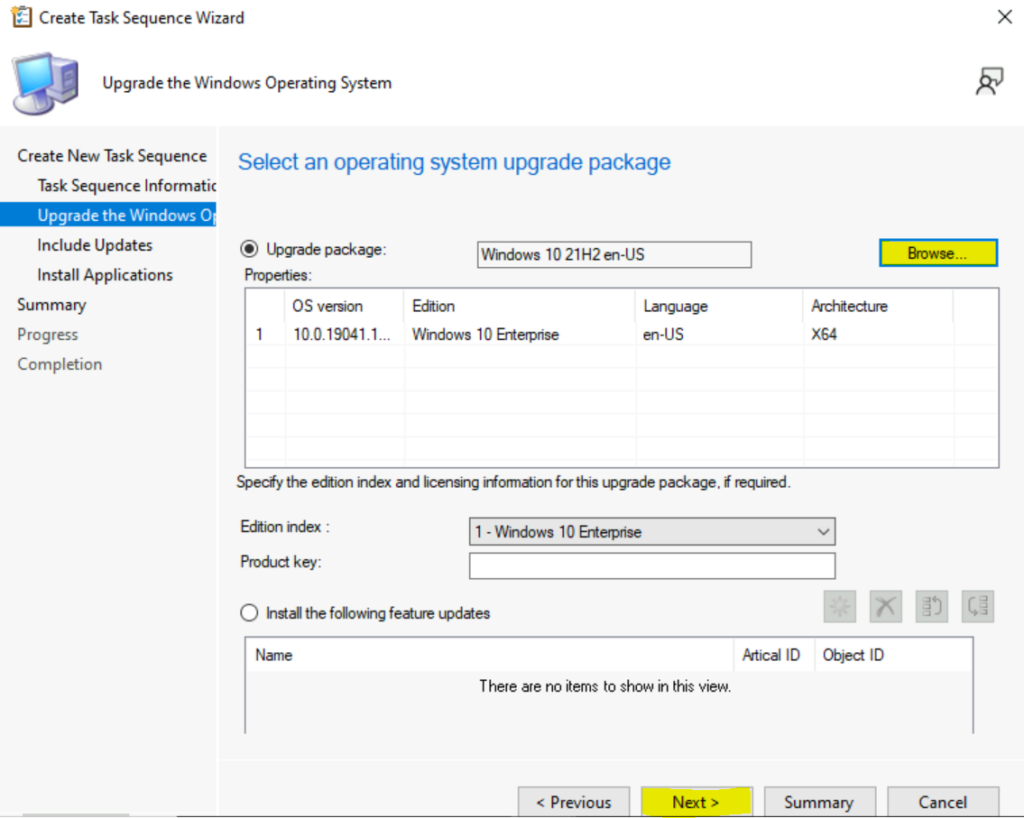 Select Operating System Upgrade Package - Create Upgrade SCCM Task Sequence for Windows 10