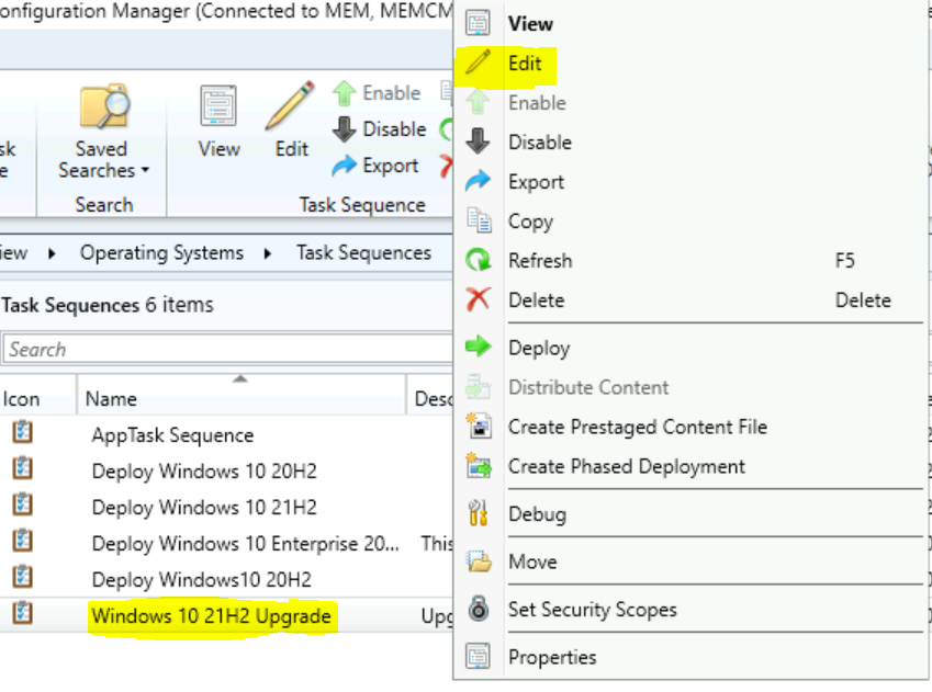 Edit Windows 10 21H2 Upgrade Task Sequence - Upgrade Windows 10 21H2 using SCCM