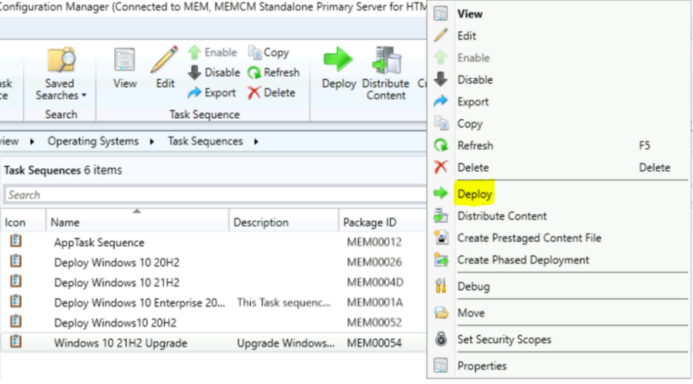 Select Deploy - Deploy SCCM Windows 10 21H2 Upgrade Task Sequence