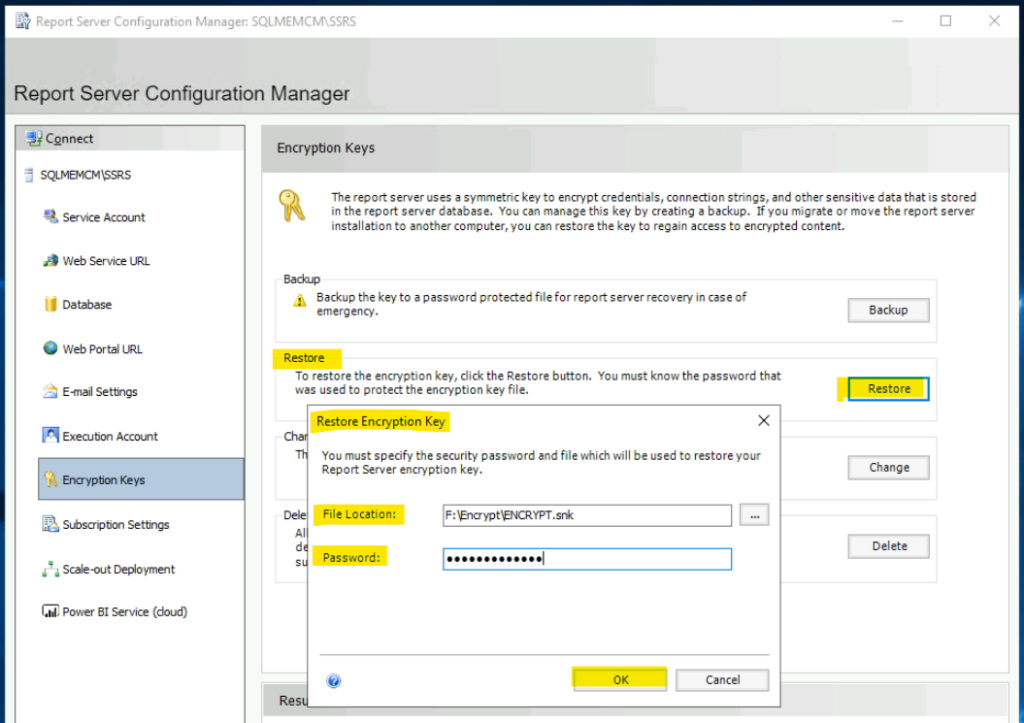 Restore Encryption Key for SSRS