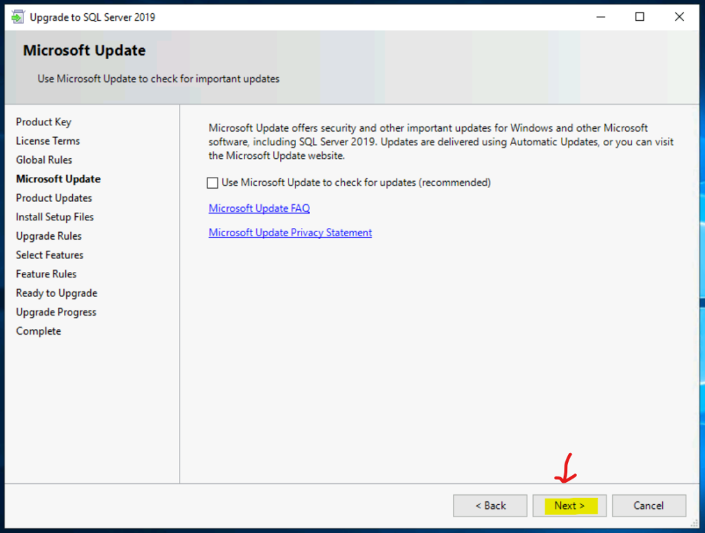 Microsoft Update Option During SQL Server 2019 in-place Upgrade