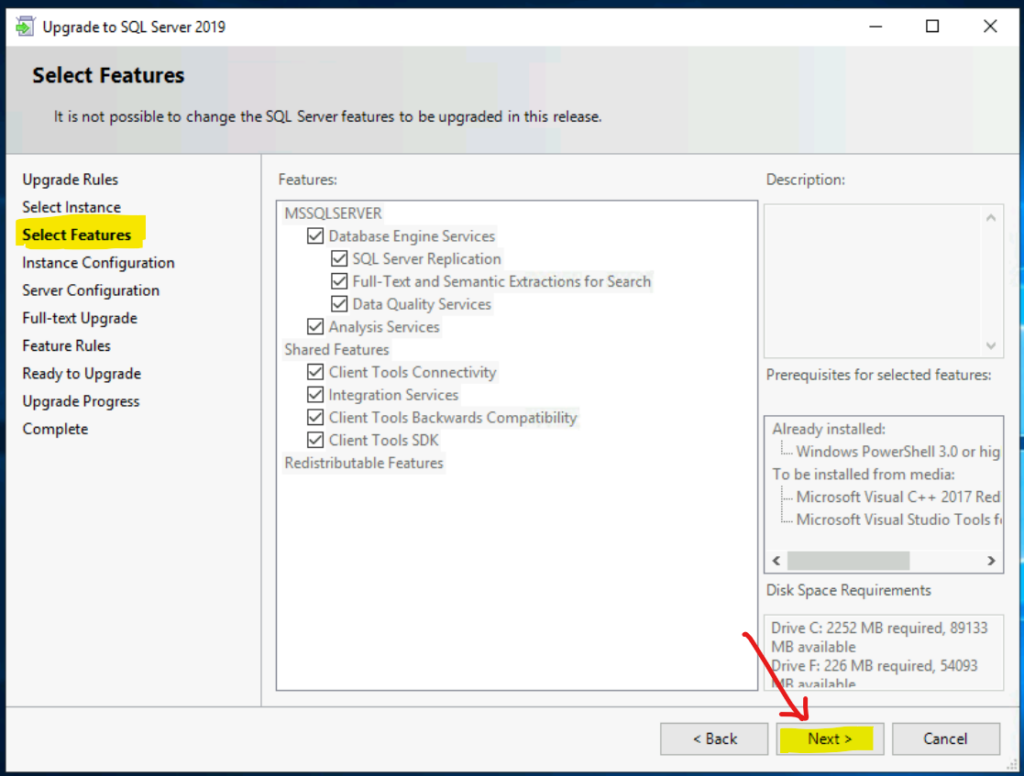 Select Features before SCCM Primary Server SQL DB Upgrade to 2019