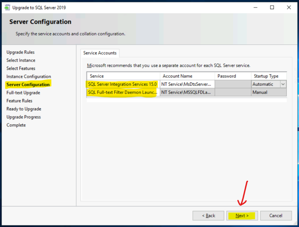 SQL Server Configuration for In-place upgrade to 2019 