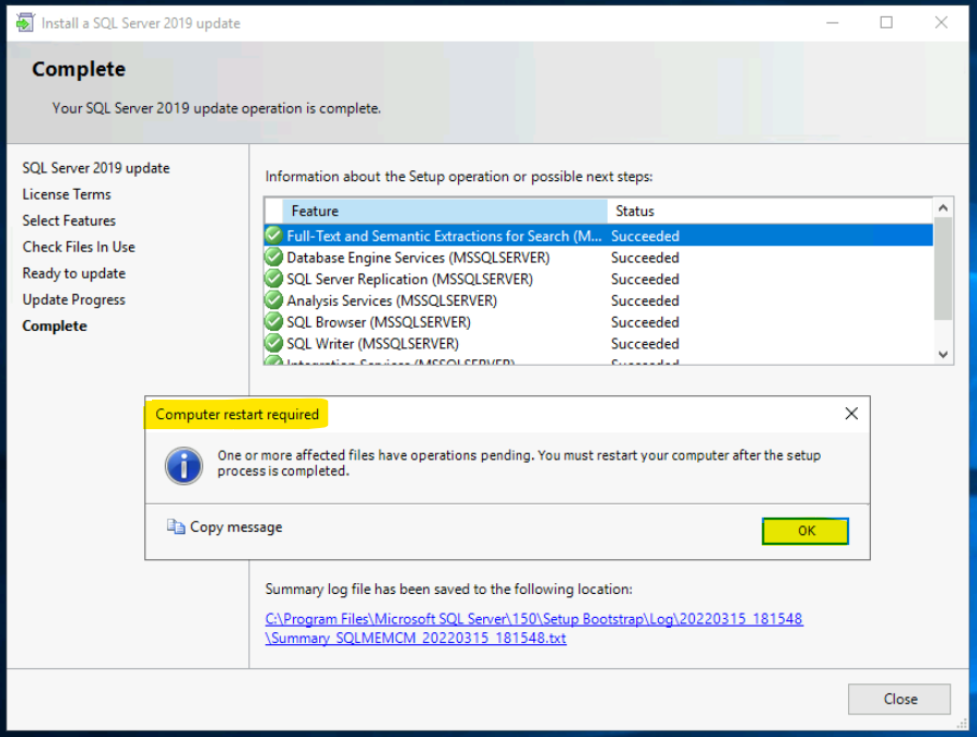 Install SQL Server 2019 CU15 on SCCM Primary Server SQL DB