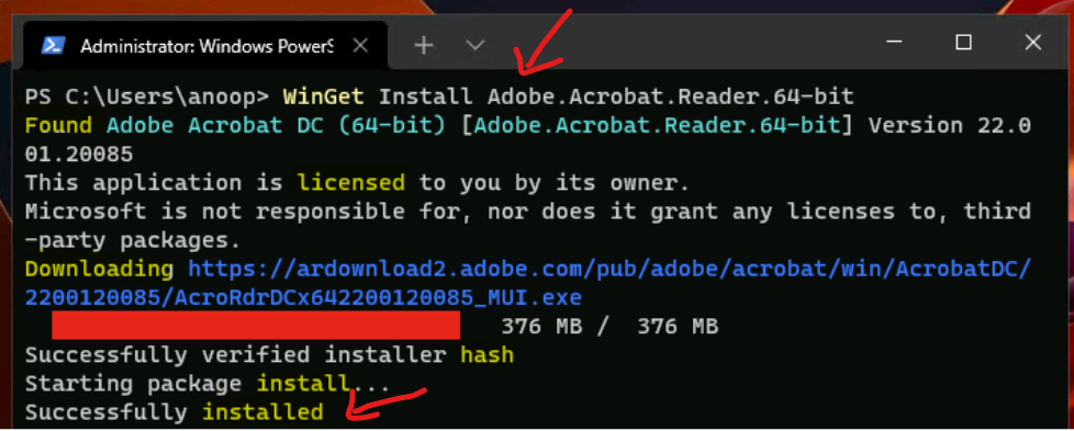 Manual Install of Acrobat Reader using WinGet on Windows 11 PC