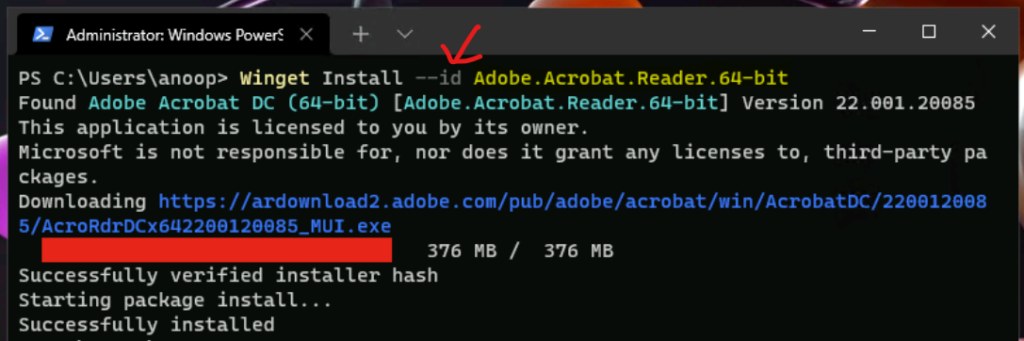 Manual Install of Acrobat Reader using WinGet on Windows 11 PC