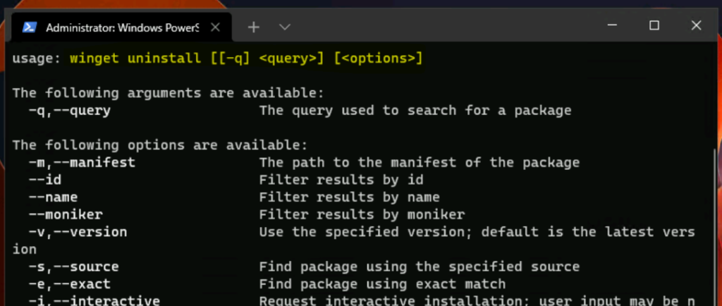 Uninstall Parameters for WinGet Tool for Windows 11 or Windows 10