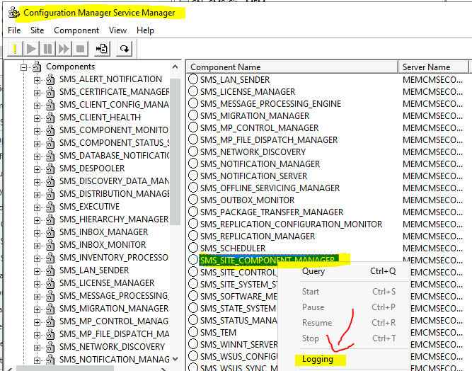 Where is the Configuration Manager Service Manager? How to Change Log file Size?