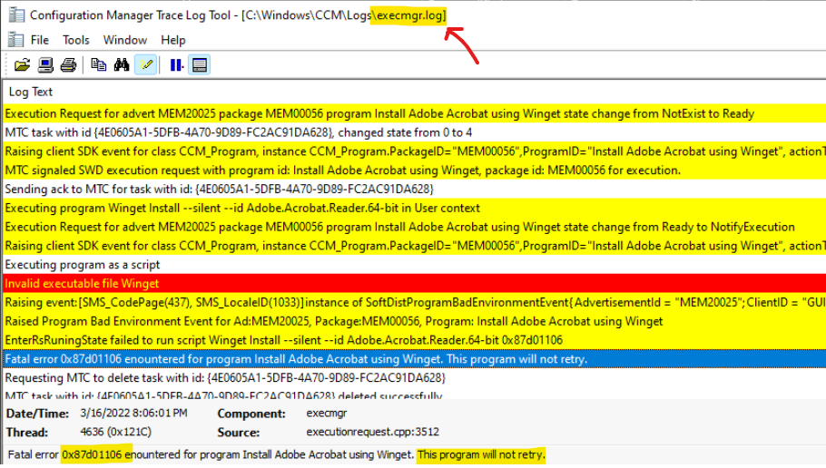 Check SCCM Application Deployment Log Files - Error Code 0x87d01106