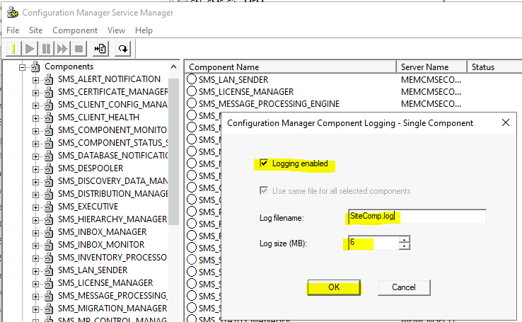 Where is the Configuration Manager Service Manager? How to Change Log file Size?