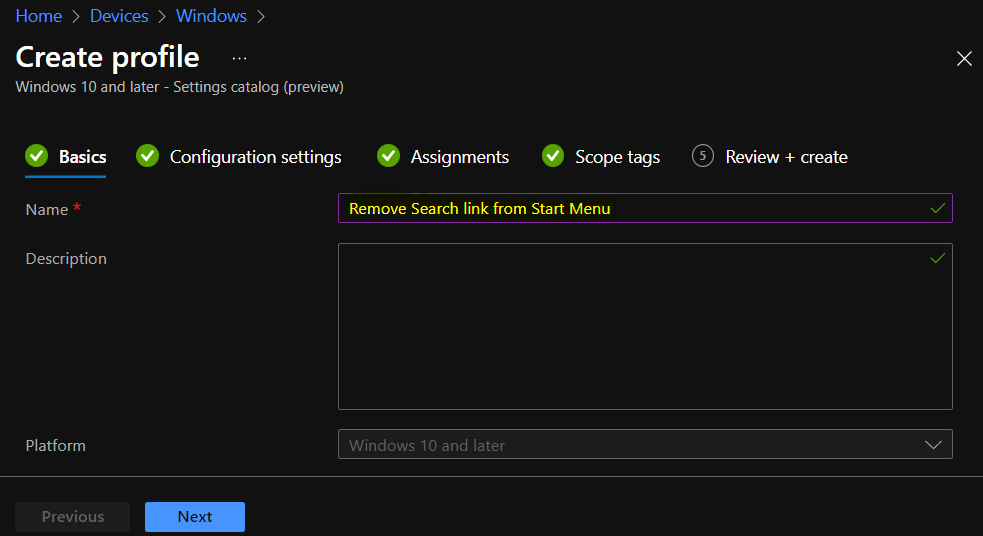 Create Profile - Remove Search link from Start Menu Using Intune