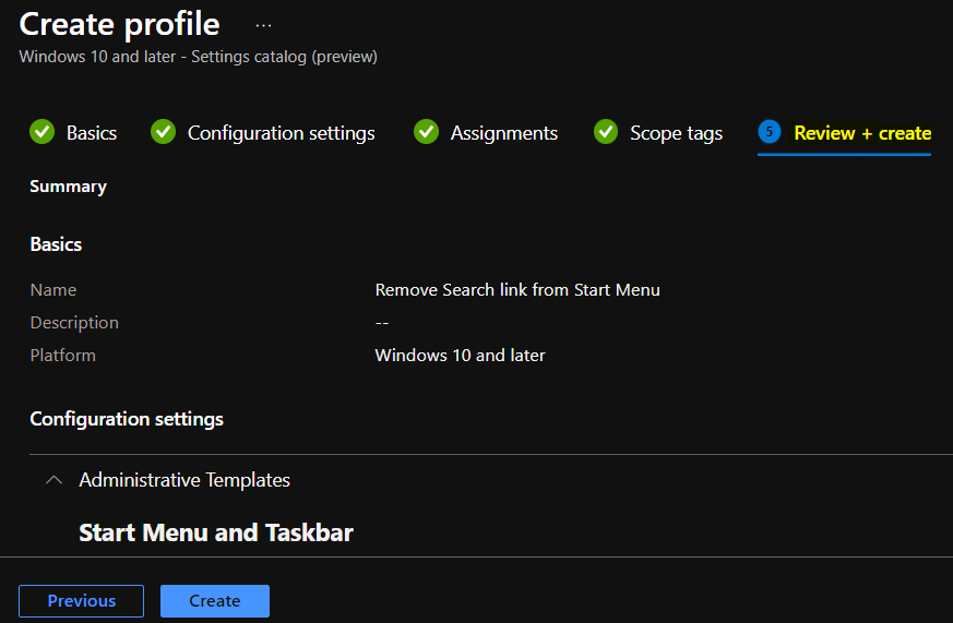 Review Policy - Remove Search link from Start Menu Using Intune