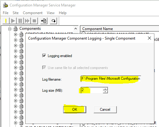 Where is the Configuration Manager Service Manager? How to Change Log file Size?