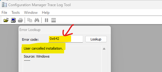 Translate the Error Codes using CMTrace 0x642(1602) & 0x80070002(-2147024894)