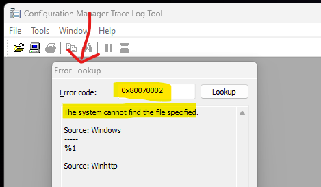 Translate the Error Codes using CMTrace 0x642(1602) & 0x80070002(-2147024894)