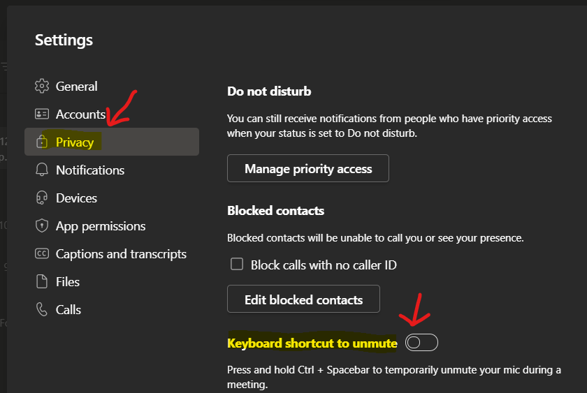 Disable Keyboard Shortcut to Temporarily Unmute during Teams Meeting