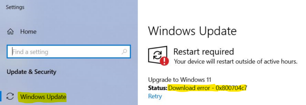 Windows Update - Windows Download Error 0x800704c7
