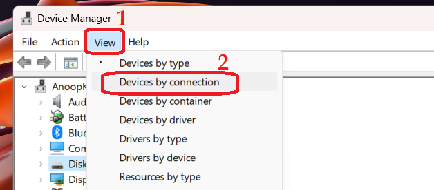 Devices by Connection View of Device Manager to get PnP path of USB Drive