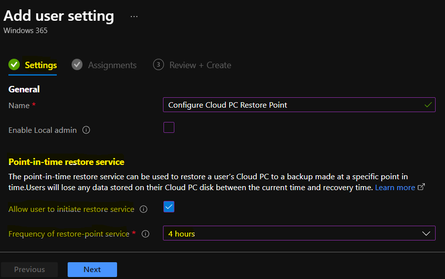 Add User Setting - Configure Point-in-time Restore Settings for Cloud PC How to Backup and Restore Windows 365 Cloud PC